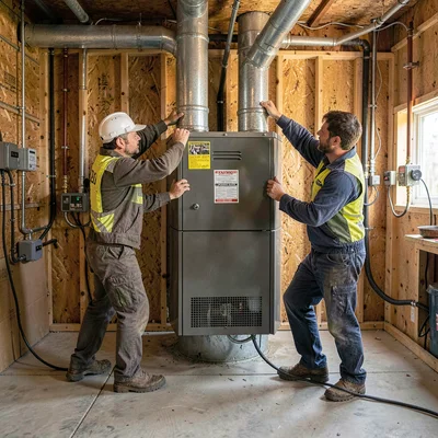 Wide environmental shot of two techs lifting a new furnace into a basement utili