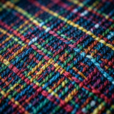 Plaid school uniform fabric close-up, tartan weave detail, tradition