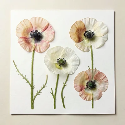 Pressed poppies: the papery petals flattened and translucent, the dark centers v