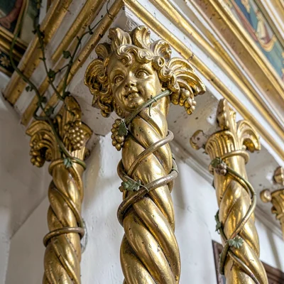 Baroque ornament fragment, Moravian gilt detail, Pulpit stair balustrade, twiste