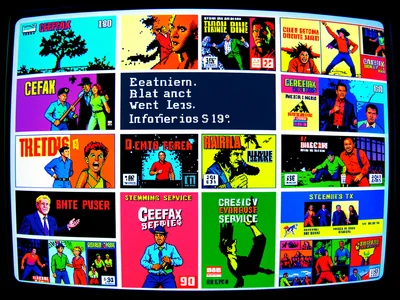 Streaming service menu as teletext TV listings, show thumbnails in 8-color appro