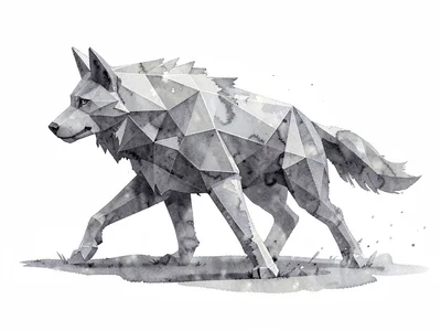 Smoky lowpoly wolf mid-stride caught in a crystalline gait, dim grey internal pl