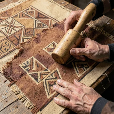 Warm tapa cloth browns and geometric pattern rhythm, Tapa cloth being beaten wit