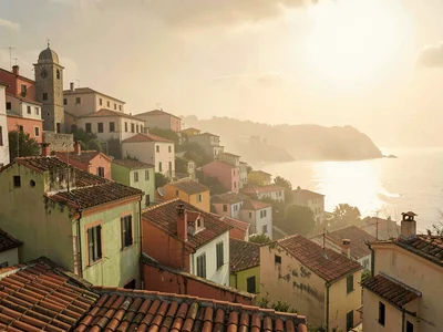 Early-haze rooftop sea, sun barely cutting through pearl-amber atmosphere, terra