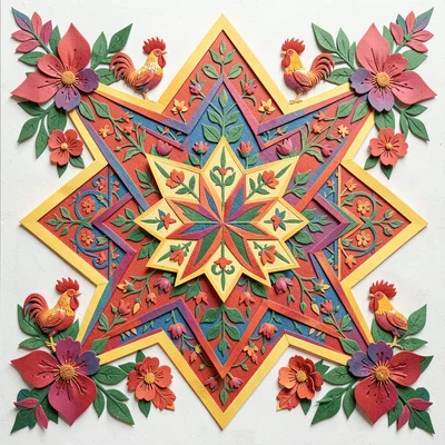 Polish wycinanki paper cut illustration, geometric star pattern with floral corn