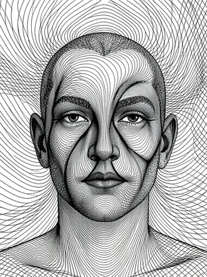 A human face emerging from thousands of curved flow field lines, the features fo