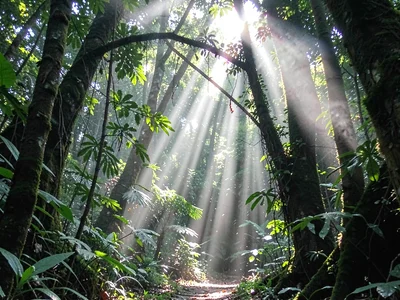 Humidity visible as light beam texture through forest