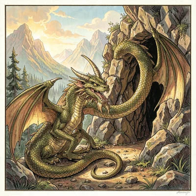 A dragon guarding mountain cave