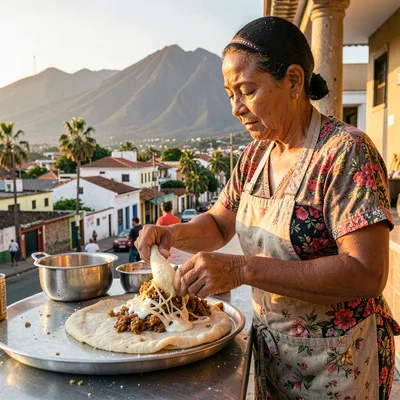 Pupusería golden hour in El Salvador, A cook layering cheese and chicharron into