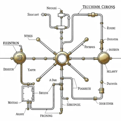 Technical illustration of a stylized neural network rendered as a Victorian wiri