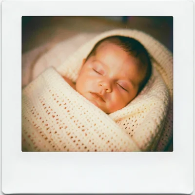A sleeping baby in a knit blanket, soft focus, warm chemical color bloom, intima