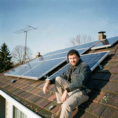 Documentary photography, unposed moment, Solar panels on residential rooftop wit