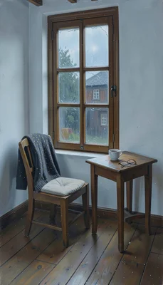 Oil painting of an interior, muted palette, the tradition of Northern European i
