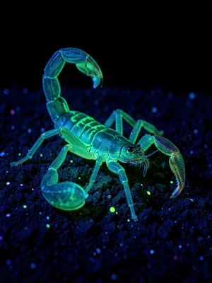 A scorpion on dark sand glowing electric teal-green under UV, every segment and 