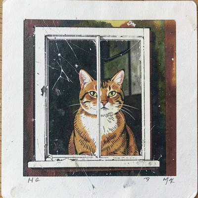 Cat in a window — four reduction colors, the window frame nearly white from firs