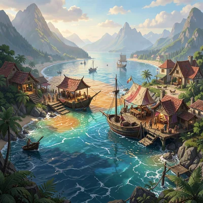Fantasy environment illustration, a coast where two seas of different colors mee