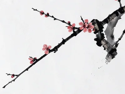 Plum branch with a few winter blossoms, strong diagonal across white paper