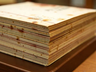 Stack of old library books, edge stamps and discoloration creating unique patter