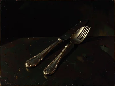 Plastic fork and knife on dark background, dramatic lighting as if precious silv