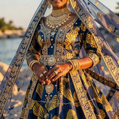 Saturated textile-rich photograph, Bride in elaborate Senegalese wedding attire,