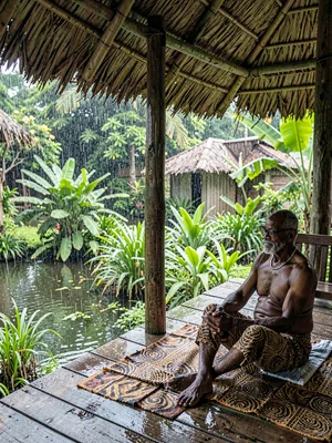 Open-air fale life in Samoa after rain, An elder resting in a fale, watching rai