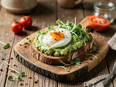 Avocado toast on sourdough with poached egg, chili flakes, and microgreens on a 