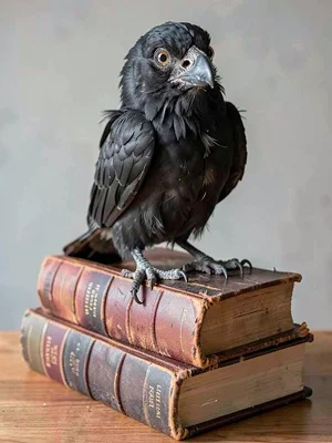 Taxidermied raven on stack of leather-bound books, glass eyes somehow alive