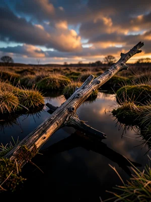 Preserved wooden branch in black water — ancient waterlogged timber with perfect