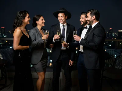 Graduate popping champagne with friends on rooftop, evening celebration
