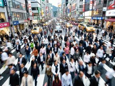 Shibuya-style crossing compressed to abstraction, hundreds of people flattened i