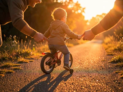 Child on bike without training wheels for first time, parent's hands just lettin