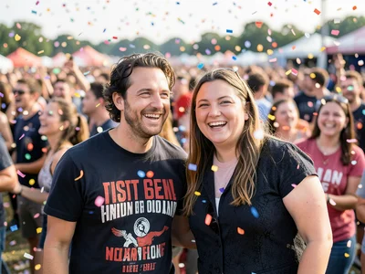 Friends at a music festival, confetti falling, crowd blurred behind them