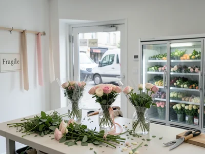 A florist preparing arrangements for a wedding, their workspace covered in stems