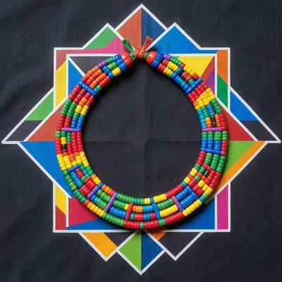 Traditional beaded neck ring (isigolwani) on dark fabric, studio flat-lay