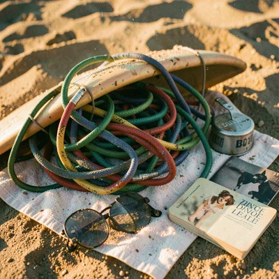Beach day still life on sandy towel