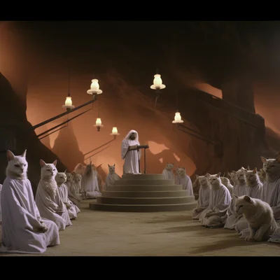 Film still cats occult sect ceremony. Movie directed