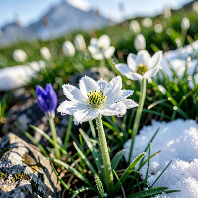 Snow anemone with frost crystals