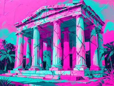 Marble columns in ruined Greek temple but everything is pink and teal gradient