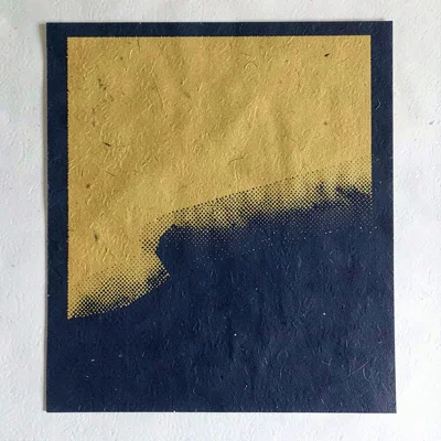 Bold screenprint poster of a halftone curb silhouette in mustard over flat navy