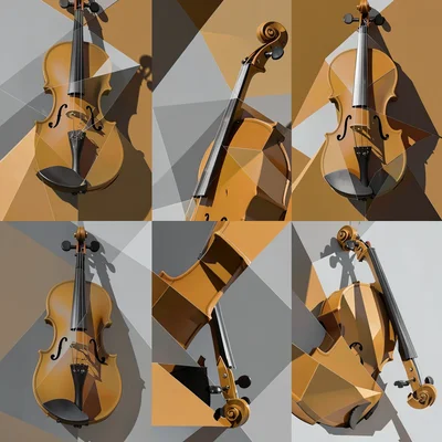 Violin seen from top, side, and scroll simultaneously, all merged in ochre and g
