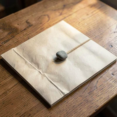Wide tabletop scene of an unfolded paper portfolio with creases catching light,