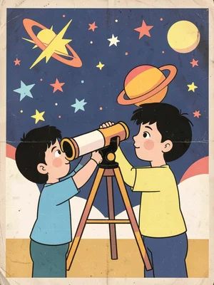 Child with telescope looking at stars