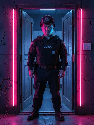 Security guard standing in neon doorway, bored face lit half pink half blue, gua