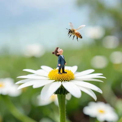 Tiny person standing on normal-sized daisy, looking up at passing bee