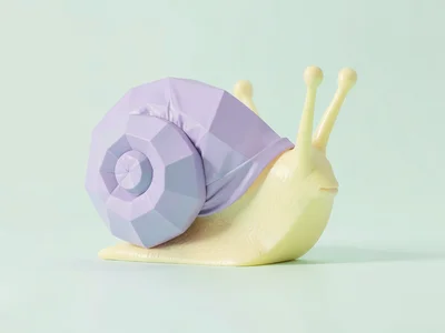 Slow butter-yellow lowpoly snail with a faceted lavender shell spiral and cream