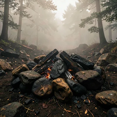 Dense atmospheric mist, rich earthy textures, River stones piled as a fire pit, 