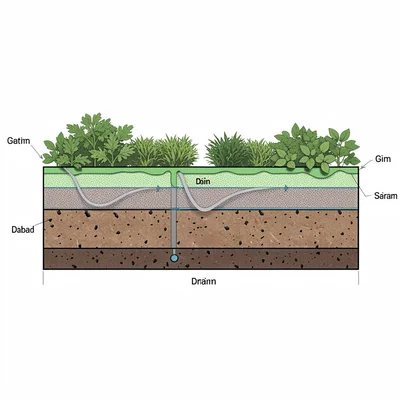 Cross-section blueprint of a green roof showing waterproofing, drainage, and sub