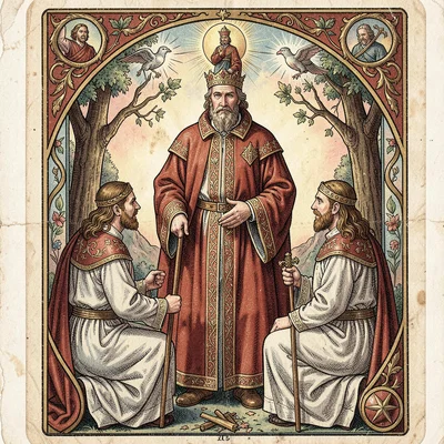 Tarot card illustration, The Hierophant in papal robes, two acolytes kneeling , 