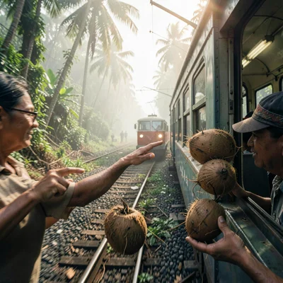 Tropical light on Sri Lankan colonial decay, Vendor selling king coconuts throug