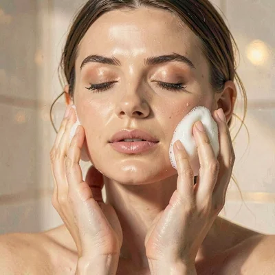 Soft portrait of a model with eyes closed pressing soap to her cheek, painterly 